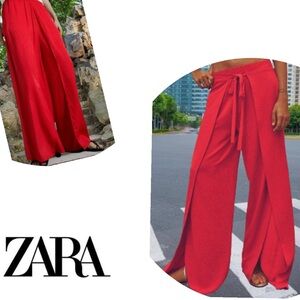 Zara Women's Red Wrap Tie Wide-Leg Pants